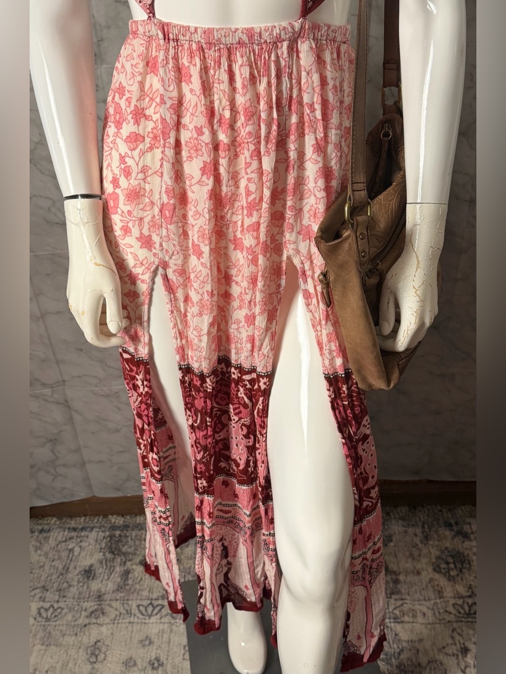 Cutout Peacock Halter Tie Neck Back Peachy Pink Burgundy Boho Vacation Dress S - Picture 5 of 13